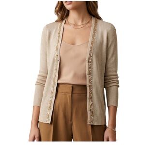 Escada Metallic Gold Beaded Trim Knit Cardigan Sweater Size 36 Small Made in EU